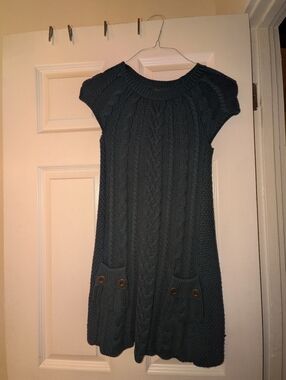 Knit Cable-Front Short-Sleeve Dress in Dark Blue